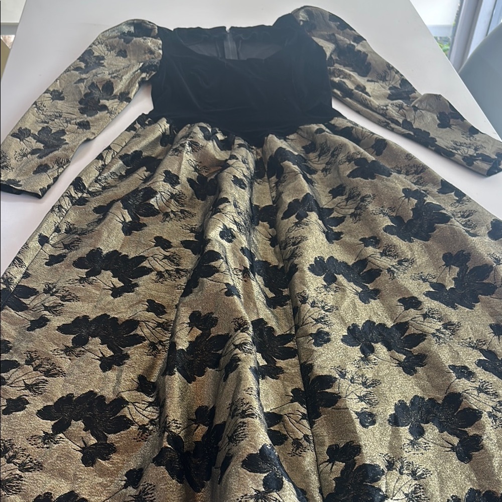 Tan and Black Long Sleeve Sundress for Wedding Guest